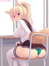 Rule 34 | 1girl, animal ear fluff, animal ears, ass, blonde hair, blush, breast rest, breasts, cat ears, cat tail, chair, classroom, clothes lift, come hither, day, desk, green panties, grin, highres, indoors, large breasts, long hair, looking at viewer, miniskirt, naughty face, nottytiffy, original, panties, pleated skirt, red eyes, sailor collar, school uniform, serafuku, shiny skin, sitting, skirt, skirt lift, slit pupils, smile, solo, tail, thighhighs, tiffy (nottytiffy), underwear, wedgie, white thighhighs