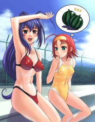 Rule 34 | 00s, 2girls, ahoge, aqua eyes, arm up, armpits, bikini, blue eyes, blue hair, breast envy, breasts, cameltoe, chain-link fence, cleavage, cloud, covered navel, day, covered erect nipples, fence, finger to mouth, food, fruit, green eyes, hairband, hayase mitsuki, jealous, kimi ga nozomu eien, large breasts, long hair, multiple girls, navel, one-piece swimsuit, one-piece tan, orange hair, outdoors, pool, poolside, red hair, sitting, skin tight, spoken food, suzumiya akane, swimsuit, tan, tanline, watermelon, yasuomi
