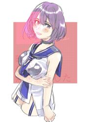 1girl cowboy_shot cropped_legs dress kantai_collection lexington_(kancolle) neckerchief purple_eyes purple_hair purple_neckerchief purple_sailor_collar sagamiso sailor_collar sailor_dress short_hair sleeveless sleeveless_dress smile solo two-tone_background watermark