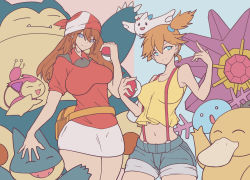 Rule 34 | 2girls, absurdres, adapted costume, asymmetrical hair, bare legs, bike shorts, blue eyes, breasts, brown hair, cowboy shot, creatures (company), delcatty, denim, denim shorts, game freak, gen 1 pokemon, gen 2 pokemon, gen 3 pokemon, gen 4 pokemon, green eyes, gym leader, highres, holding, holding poke ball, jerry jestar, large breasts, legs, may (pokemon), misty (pokemon), multiple girls, munchlax, navel, nintendo, orange hair, poke ball, pokemon, pokemon (anime), pokemon (classic anime), pokemon rse (anime), ponytail, psyduck, red hair, shirt, short hair, short shorts, shorts, side ponytail, simple background, smile, snorlax, starmie, suspenders, tank top, thighs, togekiss, twintails, wide hips, wooper, yellow shirt, yellow tank top