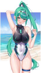 Rule 34 | 1girl, armpits, breasts, collarbone, covered navel, green eyes, green hair, hair ornament, high ponytail, highres, impossible clothes, impossible swimsuit, large breasts, long hair, looking at viewer, matrix16, multicolored clothes, multicolored swimsuit, one-piece swimsuit, open mouth, paid reward available, pneuma (xenoblade), smile, swimsuit, thigh strap, tiara, very long hair, xenoblade chronicles (series), xenoblade chronicles 2