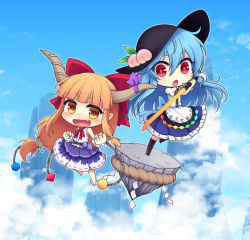Rule 34 | 2girls, :d, :o, album cover, barefoot, black hat, blue hair, blue skirt, blue sky, blunt bangs, boots, bow, chain, chibi, clenched hands, cloud, cover, cube, day, fang, food, fruit, gourd, hair bow, hat, hinanawi tenshi, holding, holding sword, holding weapon, horn ornament, horn ribbon, horns, ibuki suika, keystone, long hair, low-tied long hair, miruki, multiple girls, oni, open mouth, orange hair, orb, peach, puffy short sleeves, puffy sleeves, purple skirt, pyramid (geometry), red bow, red eyes, ribbon, rope, shide, shimenawa, shirt, short sleeves, sidelocks, skirt, sky, sleeveless, sleeveless shirt, smile, sword, sword of hisou, touhou, very long hair, weapon, white shirt, wrist cuffs