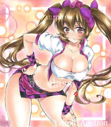 Rule 34 | 1girl, artist name, at classics, belt, blush, bow, breasts, brown hair, checkered clothes, checkered skirt, cleavage, closed mouth, covered erect nipples, cowboy shot, gluteal fold, hair between eyes, hair bow, hand on own hip, hand on own thigh, hat, himekaidou hatate, large breasts, leaning forward, long hair, looking at viewer, midriff, navel, purple bow, purple eyes, race queen, sample watermark, short sleeves, skirt, smile, solo, stomach, tokin hat, touhou, traditional media, twintails, very long hair, watermark, wristband
