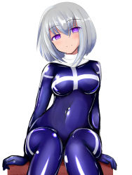 Rule 34 | 1girl, black bodysuit, bodysuit, breasts, bright pupils, grey hair, impossible bodysuit, impossible clothes, latex, latex bodysuit, looking at viewer, medium breasts, original, purple eyes, rethnick, shiny clothes, short hair, skin tight, smile, solo