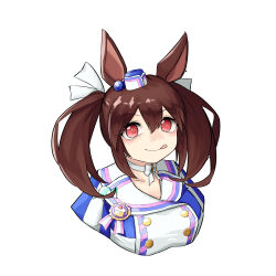 Rule 34 | 1girl, absurdres, animal ears, award ribbon, breasts, brown hair, buttons, choker, closed mouth, commentary, cropped torso, double-breasted, hat, highres, hishi akebono (umamusume), horse ears, jacket, long hair, looking at viewer, medium breasts, mini hat, red eyes, sanada ina, simple background, solo, twintails, umamusume, upper body, white background
