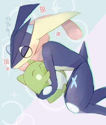 Rule 34 | 1other, animal ears, blue background, blue skin, blue theme, blush, closed eyes, colored skin, creatures (company), flower, from above, furry, game freak, gen 6 pokemon, greninja, highres, long tongue, lying, multicolored skin, nintendo, hugging object, on side, other focus, pio (piopio poke), pokemon, pokemon (creature), red flower, sketch, solo, stuffed animal, stuffed toy, substitute (pokemon), tail, tongue, tongue out, two-tone background, two-tone skin, yellow skin, zzz