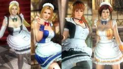Rule 34 | 3d, 4girls, blonde hair, blue eyes, breasts, dead or alive, dead or alive 5, dress, female focus, fishnet legwear, fishnets, helena douglas, large breasts, maid, maid headdress, mila (doa), multiple girls, nail polish, official art, phase-4, red hair, ribbon, thighhighs, tina armstrong, waitress