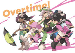 Rule 34 | + +, 4girls, :q, bandana, bike shorts, black dress, black footwear, black hair, black shorts, boots, callie (splatoon), capri pants, chain, chain necklace, closed mouth, crown, dark-skinned female, dark skin, dress, dual wielding, earrings, english text, eyewear on head, gomipomi, gradient hair, green eyes, green jacket, green legwear, green pants, grey footwear, grey hair, grin, hero brella (splatoon), hero charger (splatoon), hero dualies (splatoon), hero roller (splatoon), holding, holding weapon, hood, hood up, ink tank (splatoon), inkling, jacket, jewelry, long hair, long hoodie, marie (splatoon), marina (splatoon), mask, mask pull, midriff, mole, mole under eye, multicolored hair, multiple girls, navel, necklace, nintendo, octoling, paint splatter, pants, pantyhose, parted lips, pearl (splatoon), pink dress, pink hair, pointy ears, pulling own clothes, purple hair, purple jacket, raglan sleeves, shirt, shoes, short dress, short eyebrows, short hair, shorts, shorts under dress, sleeveless, sleeveless shirt, smile, sneakers, splatoon (series), splatoon 1, splatoon 2, splatoon 2: octo expansion, suction cups, sunglasses, swept bangs, tentacle hair, tongue, tongue out, weapon, white background, white bandana, white footwear, white shirt, wind, yellow eyes, yellow headwear