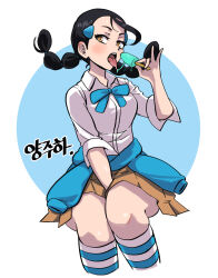 Rule 34 | 1girl, black hair, brown eyes, brown skirt, candice (pokemon), collared shirt, commentary, creatures (company), eating, eyelashes, floating hair, food, game freak, gigobyte350, hair ornament, hairclip, highres, holding, knees, korean text, legs together, long hair, multi-tied hair, nintendo, open mouth, pleated skirt, pokemon, pokemon dppt, popsicle, sexually suggestive, shirt, sitting, skirt, socks, solo, striped clothes, striped socks, teeth, tongue, tongue out, upper teeth only, white shirt