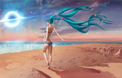 Rule 34 | 1girl, absurdly long hair, ankle ribbon, aqua hair, back, bad anatomy, bandeau, bare back, barefoot, black hole, cloud, crater, desert, earrings, facing away, floating hair, from behind, full body, hair ornament, hatsune miku, hayden mackenzie, highres, horizon, interstellar (movie), jewelry, leg ribbon, legs, long hair, nape, ocean, outstretched arms, ribbon, shadow, signature, sky, solo, standing, standing on one leg, star (sky), star (symbol), star earrings, star hair ornament, starry sky, strapless, sunlight, surreal, tiptoes, twintails, very long hair, vocaloid, water, waterfall, waterfall hole, wind, wind lift