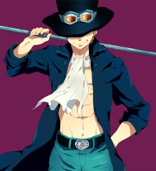Rule 34 | 1boy, abs, ascot, bad id, bad pixiv id, belt, black hat, blonde hair, coat, covered eyes, goggles, goggles on headwear, grin, guttary, hand in pocket, happy, hat, jacket, male focus, one piece, open clothes, pants, purple background, sabo (one piece), short hair, shueisha, simple background, sleeves rolled up, smile, solo, standing, top hat, topless male, weapon, white ascot