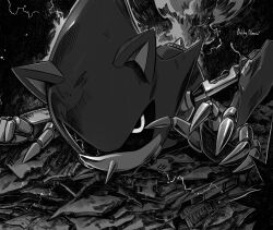 Rule 34 | 1boy, absurdres, by almaz, commentary, english commentary, greyscale, highres, injury, lying, male focus, metal sonic, monochrome, non-humanoid robot, on ground, on stomach, robot, robot animal, solo