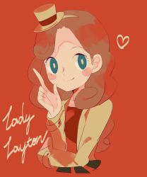 Rule 34 | 1girl, blue eyes, blush, blush stickers, brown hair, coat, copyright name, hairband, hat, heart, highres, index finger raised, katrielle layton, layton&#039;s mystery journey, long hair, mini hat, mini top hat, professor layton, red background, simple background, smile, solo, top hat, upper body
