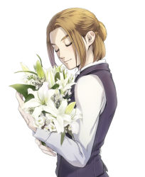 Rule 34 | 1boy, alternate costume, bad id, bad pixiv id, black vest, blonde hair, blouse, bouquet, collared shirt, commentary request, dragon quest, dragon quest xi, closed eyes, flower, from side, hand tattoo, hero (dq11), highres, holding, holding bouquet, holding flower, long sleeves, male focus, mondi hl, hugging object, shirt, short hair, short ponytail, simple background, smile, solo, tattoo, upper body, vest, white background, white flower, white shirt