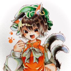 Rule 34 | 1girl, 3rhjeo, :3, :d, animal ear fluff, animal ears, blush, bow, bowtie, brown hair, cat ears, cat tail, chen, commentary request, earrings, fang, gold trim, hair between eyes, hand up, hat, highres, jewelry, long sleeves, mob cap, multiple tails, nekomata, open mouth, paw print, puffy long sleeves, puffy sleeves, red eyes, red vest, short hair, simple background, single earring, slit pupils, smile, solo, tail, touhou, traditional media, two tails, upper body, v-shaped eyebrows, vest, white background, white bow, white bowtie