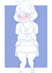 Rule 34 | 1girl, ahoge, aozora middle school uniform, blue theme, blush, cleft of venus, closed mouth, clothes lift, commentary, crotch seam, full-face blush, full body, hair ornament, hair over shoulder, hair ribbon, highres, lifting own clothes, looking away, low twintails, medium hair, miniskirt, miyagoe yoshitsuki, monochrome, neckerchief, no panties, panties, pleated skirt, precure, pussy, ribbon, sailor collar, school uniform, serafuku, shirt, short sleeves, skirt, skirt lift, smile, solo, spot color, standing, suzumura sango, tropical-rouge! precure, twintails, underwear