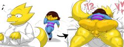 Rule 34 | !?, 1boy, 1girl, absurdres, alphys, animal ears, ass, blush, breasts, brown hair, colored skin, doggystyle, enigi09, frisk (undertale), heart, hetero, highres, horns, huge ass, interspecies, large breasts, monster girl, rape, sex, sex from behind, short hair, speech bubble, surprise buttsex, surprised, undertale, yellow skin