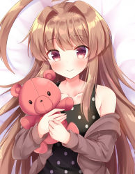 Rule 34 | 1girl, ahoge, bad id, bad pixiv id, bare shoulders, black dress, blush, breasts, brown eyes, brown hair, closed mouth, collarbone, commentary request, cropped, dakimakura (medium), dress, hair between eyes, holding, huge ahoge, jacket, kantai collection, kuma (kancolle), long hair, looking at viewer, lying, masayo (gin no ame), on back, simple background, small breasts, smile, solo, stuffed animal, stuffed toy, teddy bear