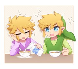 Rule 34 | 2boys, ^^^, blonde hair, blue eyes, border, bowl, brown background, cereal, closed eyes, commentary, commentary request, drooling, enni, flying sweatdrops, food, green headwear, green shirt, green tunic, hair between eyes, hand up, hat, head rest, holding, holding spoon, link, long sleeves, looking at another, male focus, messy hair, milk, milk carton, mouth drool, multiple boys, nintendo, open mouth, outline, parted bangs, pointy ears, pouring, purple shirt, purple tunic, shirt, short hair, sidelocks, simple background, sleepy, spill, spoon, striped, striped background, swept bangs, symbol-only commentary, the legend of zelda, the legend of zelda: four swords, tunic, white border, white outline, wide-eyed, zzz