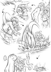 Rule 34 | ..., 1boy, 2girls, arrow (symbol), blush, bow, comic, crying, flying sweatdrops, greyscale, hair bow, kabedon, monochrome, motion lines, multiple girls, open mouth, original, peach88, pleated skirt, pushing, school uniform, sequential, serafuku, silent comic, skirt, smile, snot, snot trail, spoken ellipsis, streaming tears, tears, thighhighs, translation request, twintails, zettai ryouiki