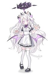Rule 34 | 1girl, alternate costume, animal ears, animal hands, apron, black dress, black footwear, black horns, blue archive, blush, bow, bowtie, cat ears, cat tail, closed mouth, demon wings, dress, enmaided, frilled apron, frills, full body, gloves, hair bow, hair ornament, hairclip, halo, highres, hina (blue archive), horns, kemonomimi mode, long hair, looking at viewer, low wings, maid, parted bangs, paw gloves, puffy short sleeves, puffy sleeves, purple bow, purple bowtie, purple eyes, purple wings, sentouryoku 5, short sleeves, simple background, sketch, solo, tail, thighhighs, white apron, white background, white hair, white tail, white thighhighs, wings
