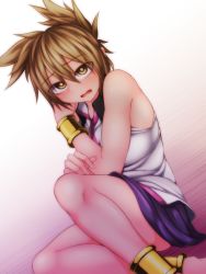 Rule 34 | 1girl, anklet, bracer, brown hair, cowering, jewelry, kuroba rapid, looking at viewer, open mouth, pointy hair, purple skirt, scared, skirt, sleeveless, solo, touhou, toyosatomimi no miko, yellow eyes