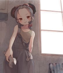 Rule 34 | 1girl, alternate costume, animal ears, arm behind back, bangs pinned back, brown eyes, commentary, cookie (touhou), denim overalls, dirty, flat chest, forehead, goggles, goggles on head, grey hair, grin, head tilt, highres, holding, indoors, looking at viewer, mechanic, miyako (naotsugu), mouse ears, nazrin, nyon (cookie), overalls, scrunchie, sharp teeth, smile, solo, strap slip, tank top, teeth, touhou, window, wrench