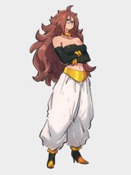 Rule 34 | 1girl, android 21, bare shoulders, blue eyes, breasts, brown hair, choker, cleavage, crossed arms, dragon ball, dragon ball fighterz, earrings, full body, grey background, hoop earrings, jewelry, kemachiku, long hair, looking at viewer, majin android 21, medium breasts, midriff, navel, simple background, solo, standing, yellow choker