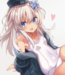 Rule 34 | 1girl, bare shoulders, black jacket, blonde hair, blue eyes, commentary request, cowboy shot, fathom, garrison cap, hat, highres, jacket, kantai collection, long hair, looking at viewer, one-piece swimsuit, school swimsuit, simple background, sitting, solo, swimsuit, swimsuit under clothes, u-511 (kancolle), white background, white one-piece swimsuit, yokozuwari