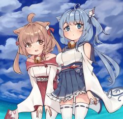 Rule 34 | 2girls, :d, ahoge, animal ears, asashio (azur lane), azur lane, bad id, bad pixiv id, bare shoulders, bell, blue eyes, blue hair, blue hakama, blue ribbon, blue sailor collar, blue sky, blunt bangs, braid, breasts, brown eyes, brown hair, cat ears, cat girl, closed mouth, collarbone, commentary request, crop top, day, frilled skirt, frills, hair intakes, hair ribbon, hakama, hakama short skirt, hakama skirt, japanese clothes, jingle bell, large breasts, long hair, long sleeves, looking at another, looking to the side, medium breasts, michishio (azur lane), multiple girls, neck bell, neck ribbon, one side up, open mouth, outdoors, pleated skirt, ponytail, red hakama, red ribbon, red sailor collar, ribbon, ribbon-trimmed legwear, ribbon trim, sailor collar, sameya (ara7569), short hair, skirt, sky, smile, thighhighs, two side up, underboob, white legwear, wide sleeves