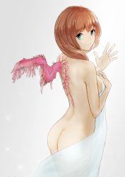 Rule 34 | 1girl, aiu eo, ass, back, breasts, brown hair, closed mouth, commentary, covering privates, covering breasts, covering chest, cowboy shot, eyelashes, feathered wings, feathers, from behind, gradient background, green eyes, hair over shoulder, hand on own chest, hand up, hands up, highres, legs together, lips, long hair, looking at viewer, looking back, md5 mismatch, medium breasts, naked towel, nude, original, pink wings, purple wings, single wing, smile, solo, spread wings, standing, towel, waving, wings