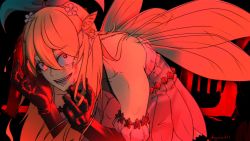 Rule 34 | 1girl, artist name, bare shoulders, black background, blonde hair, bow, butterfly hair ornament, commentary, crazy, fairy, fairy wings, flower, gloves, hair bow, hair flower, hair ornament, hairband, highres, horror (theme), hunched over, long hair, looking at viewer, nijisanji, nijisanji en, open mouth, pace argonaut (artist), pointy ears, pomu rainpuff, red theme, skirt, smile, solo, virtual youtuber, wings