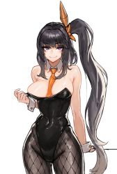 Rule 34 | 1girl, architect (girls&#039; frontline), bare shoulders, between breasts, black hair, breasts, cleavage, commentary request, covered navel, cowboy shot, detached collar, fishnet pantyhose, fishnets, girls&#039; frontline, hair ornament, highres, kahill, korean commentary, large breasts, leotard, long hair, looking at viewer, necktie, necktie between breasts, orange necktie, pantyhose, playboy bunny, purple eyes, ringed eyes, sangvis ferri, side ponytail, sidelocks, smile, solo, strapless, strapless leotard, very long hair, white background, wrist cuffs