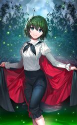 Rule 34 | 1girl, antennae, black cape, black pants, cape, cape lift, closed mouth, cloud, cloudy sky, fireflies, forest, frilled pants, frilled sleeves, frills, full moon, green eyes, green hair, juliet sleeves, lifting own clothes, long sleeves, looking at viewer, moon, nature, night, official art, pants, puffy sleeves, red cape, shirt, short hair, sky, smile, touhou, touhou cannonball, tree, tsukimoto aoi, white shirt, wriggle nightbug