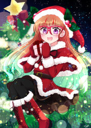 Rule 34 | 1girl, belt, black pantyhose, blush, boots, brown belt, brown hair, capelet, christmas star, christmas tree, christmas tree hair ornament, dress, fur-trimmed boots, fur-trimmed capelet, fur-trimmed dress, fur trim, gloves, gradient hair, green hair, hair ornament, hat, highres, looking at viewer, multicolored hair, ohdo yuamu, open mouth, pantyhose, purple eyes, red footwear, red gloves, red hair, s ebi, santa capelet, santa dress, santa hat, smile, solo, streaked hair, yu-gi-oh!, yu-gi-oh! go rush!!