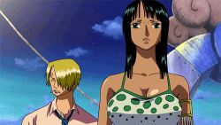 Rule 34 | 1boy, 1girl, animated, animated gif, armlet, bare shoulders, black hair, blonde hair, blue eyes, bouncing breasts, breasts, cigarette, cleavage, cloud, going merry, hair over one eye, jewelry, long hair, lowres, nico robin, one piece, sanji (one piece), screencap, ship, tank top, upper body, watercraft