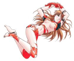 Rule 34 | 1girl, ass, blue eyes, bodysuit, breasts, brown hair, embarrassed, full body, long hair, lying, neon genesis evangelion, non-web source, plugsuit, red bodysuit, small breasts, solo, souryuu asuka langley, torn clothes, underboob, wide hips