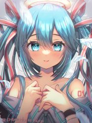 Rule 34 | 1girl, aqua eyes, aqua hair, aqua nails, aqua ribbon, bare shoulders, blush, closed mouth, collarbone, commentary request, dated commentary, falling feathers, feathers, grey shirt, hair between eyes, hair ornament, hair ribbon, halo, hands on own chest, hatsune miku, long hair, looking at viewer, nail polish, neck ribbon, number tattoo, off-shoulder shirt, off shoulder, ribbon, shindoi akio, shirt, shoulder tattoo, sidelocks, smile, solo, tattoo, twintails, twitter username, upper body, very long hair, vocaloid, wrist cuffs