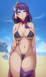 Rule 34 | 1girl, absurdres, alternate costume, bad id, bad twitter id, bare arms, bare shoulders, beach, bikini, black bikini, blue sky, blurry, blurry background, breasts, closed mouth, cloud, commentary, day, eyelashes, genshin impact, hair ornament, highleg, highleg bikini, highleg swimsuit, highres, horizon, large breasts, legs together, looking at viewer, navel, neck, no mole, ocean, off shoulder, outdoors, partially visible vulva, phat smash, purple eyes, purple hair, raiden shogun, rock, sand, serious, single bare leg, single thighhigh, skindentation, sky, solo, standing, string bikini, swimsuit, thick thighs, thigh gap, thighhighs, thighs, twitter username, underboob, undressing, water, wide hips