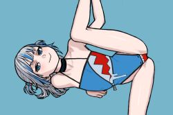 Rule 34 | 1girl, black choker, blue background, blue eyes, blue hair, blue one-piece swimsuit, choker, closed mouth, feet out of frame, female focus, flat chest, gawr gura, grey hair, hair ornament, highleg, highleg swimsuit, hololive, hololive english, leg up, looking at viewer, one-piece swimsuit, paid reward available, shark hair ornament, shark print, simple background, smile, solo, spread legs, swimsuit, thighs, wabaki