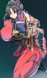 Rule 34 | 1girl, armor, ass grab, bodysuit, breasts, brown hair, from side, grabbing own ass, highres, huge breasts, jin-jin, long hair, muscular, muscular female, ninja, ponytail, skin tight, smile, solo, soul calibur, taki (soulcalibur), thick thighs, thighs