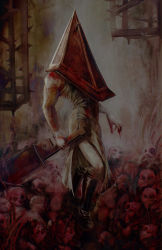 Rule 34 | 1boy, bare arms, bare shoulders, boots, brown background, cage, commentary request, dead by daylight, gloves, helmet, highres, holding, holding sword, holding weapon, knee boots, male focus, pants, pyramid head, red theme, silent hill, silent hill (series), skull, solo, standing, straw like, sword, weapon