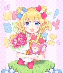 Rule 34 | 1girl, absurdres, bad id, bad pixiv id, blonde hair, blue bow, blue eyes, blush, bouquet, bow, character request, cone hair bun, flower, gift, hair bow, hair bun, happy birthday, highres, holding, holding bouquet, holding gift, holding stuffed toy, looking at viewer, open mouth, pretty series, pripara, red bow, short hair, short twintails, smile, solo, stuffed animal, stuffed toy, twintails, yur1ca