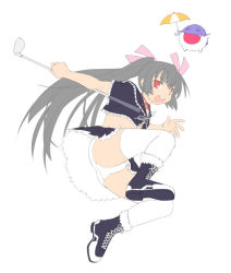 Rule 34 | 1girl, black hair, boots, creature, cross-laced footwear, dolfini, flat chest, flat color, golf club, jumping, kasuga yukihito, kooh, lace-up boots, long hair, pangya, panties, pantyshot, red eyes, skirt, solo, twintails, umbrella, underwear, unfinished, upskirt, very long hair, white legwear, white panties