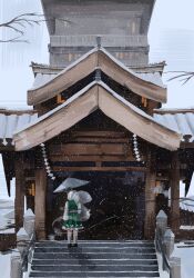 Rule 34 | 1girl, absurdres, architecture, bare tree, east asian architecture, from behind, green skirt, highres, holding, holding umbrella, konpaku youmu, konpaku youmu (ghost), landscape, ourie, short hair, shrine, skirt, snow, snowing, solo, standing, touhou, tree, umbrella, white hair
