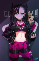 Rule 34 | 1girl, absurdres, aqua eyes, asymmetrical bangs, asymmetrical hair, bad id, bad pixiv id, black choker, black hair, black jacket, black leggings, black nails, breasts, choker, cleanerjay, closed mouth, collarbone, commentary request, cowboy shot, creatures (company), earrings, game freak, gen 8 pokemon, hair ribbon, highres, holding, holding poke ball, jacket, jewelry, leggings, long sleeves, looking at viewer, marnie (pokemon), medium hair, midriff, morpeko, morpeko (full), nail polish, navel, nintendo, open clothes, open jacket, open mouth, pink legwear, poke ball, pokemon, pokemon (creature), pokemon swsh, red ribbon, ribbon, shadow, signature, small breasts, standing, stomach, striped legwear, twintails