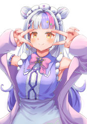 Rule 34 | 1girl, absurdres, blunt bangs, blush, bow, bowtie, breasts, capelet, double v, hair ornament, hair ribbon, hairband, hexagram hair ornament, highres, hololive, long hair, long sleeves, looking at viewer, mihaeru, murasaki shion, murasaki shion (magical girl maid), pink bow, pink bowtie, purple capelet, ribbon, shirt, short eyebrows, silver hair, simple background, small breasts, smile, solo, star (symbol), striped, upper body, v, virtual youtuber, white background, yellow eyes