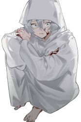 Rule 34 | 1girl, absurdres, barefoot, blood, blood on face, blood on hands, commentary request, grey eyes, gundam, gundam suisei no majo, highres, hooded robe, jia ma, looking at viewer, miorine rembran, parted lips, robe, simple background, sitting, solo, white background, white hair, white robe