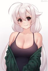 Rule 34 | 1girl, ahoge, bare shoulders, black tank top, breasts, brown eyes, collarbone, commentary, english commentary, fang, fang out, gradient background, grey background, hair between eyes, highres, iwbitu, large breasts, long hair, looking at viewer, low twintails, nyopu, off shoulder, original, simple background, smile, solo, tank top, thick eyebrows, twintails, twitter username, upper body, white background, white hair