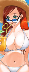 Rule 34 | 1girl, absurdres, bikini, bling (wnsdud34), breasts, cleavage, drinking straw, green eyes, hat, heart, highres, hip focus, katarina (league of legends), large breasts, league of legends, long hair, navel, red hair, scar, skindentation, solo, straw hat, sunglasses, swimsuit, white bikini